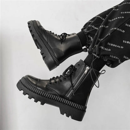 Men's black platform Doc Martens boots with rubber soles, cowhide frosted leather, high-top 8-hole design, and zipper closure.