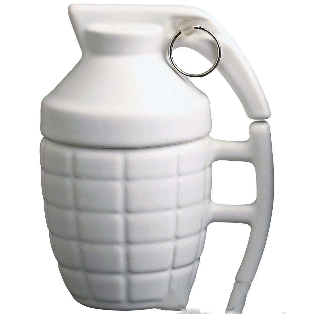 Stylish and durable grenade-shaped ceramic coffee mug with a secure lid, perfect for outdoor adventures and office use.