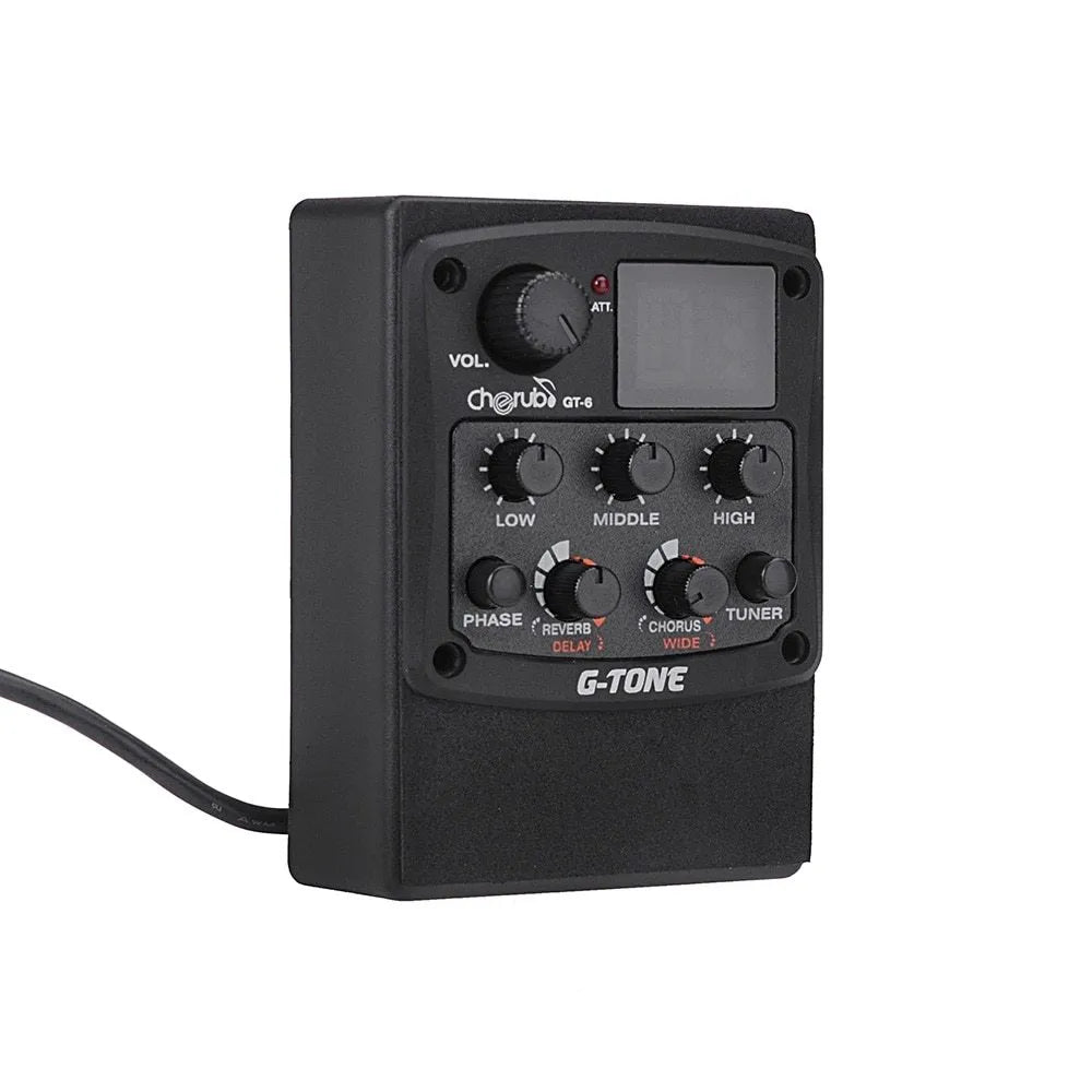 Cherub GT-6 black acoustic guitar EQ preamp pedal with piezo pickup and control knobs