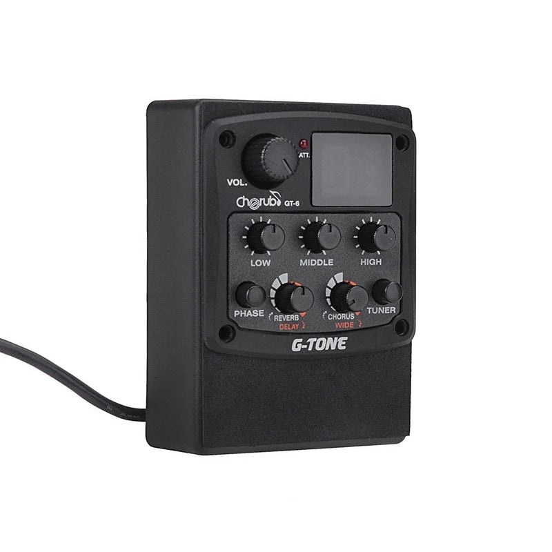 Acoustic guitar pickup Cherub GT-6 EQ preamp pedal with piezo pickup for folk guitars featuring 3-band equalizer, built-in reverb delay chorus wide effects, phase switch, tuner function, and 9V battery operation