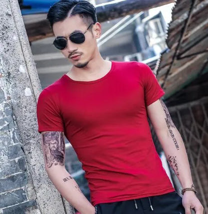 Men's bamboo fibre summer T-shirt shown in multiple colour options on a grey background.