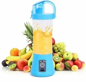 Blue handheld electric fruit juicer with USB port, 400ml cup, and blending blades on a kitchen counter