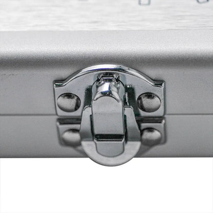 Silver aluminium storage box for TS100 soldering iron with dimensions 154x147x36mm
