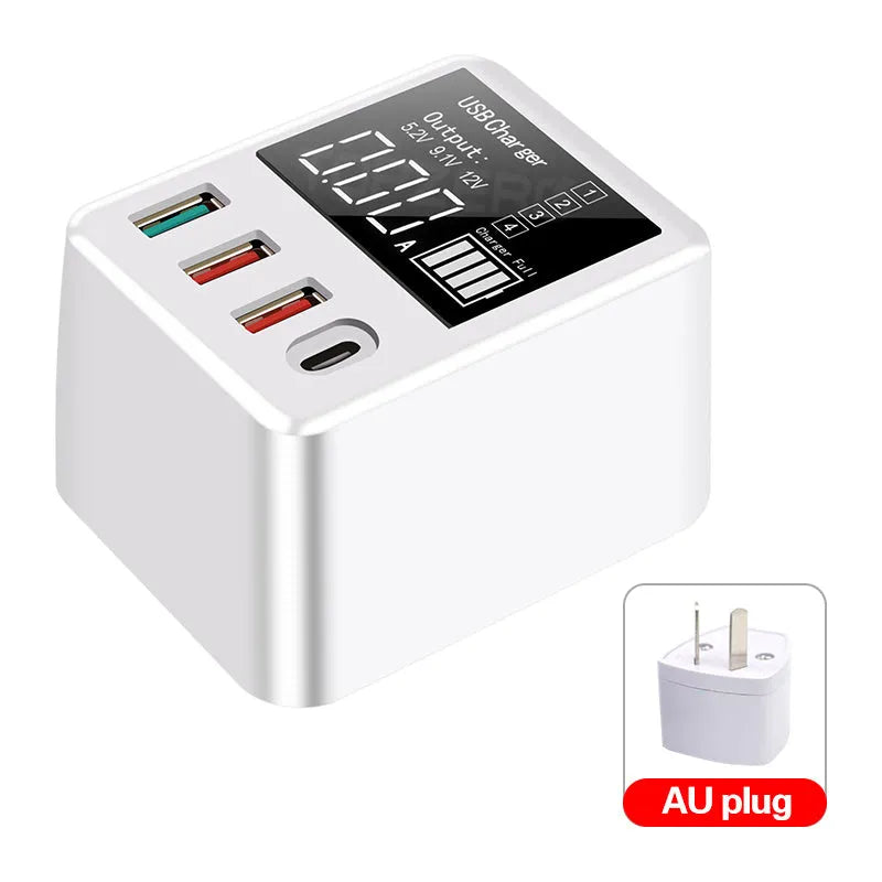 White 4-port USB travel wall charger with LED display and UK plug for fast charging phones and tablets.
