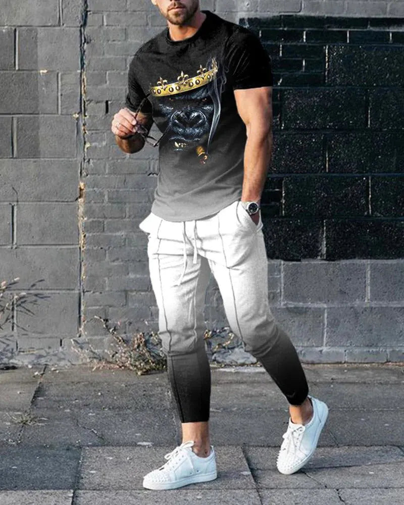 Men's printed short-sleeved pullover and trousers set in polyester blend fabric