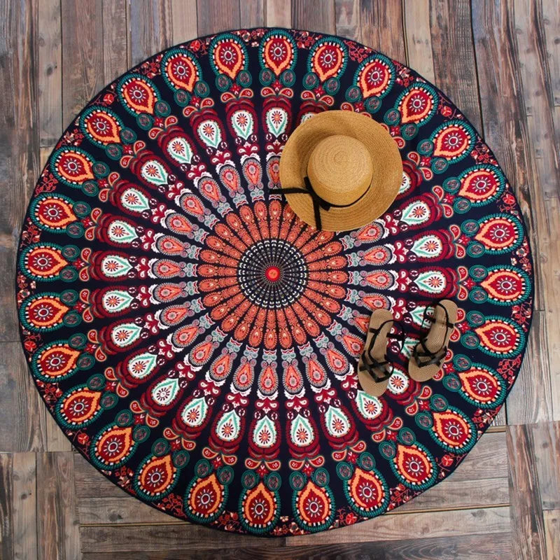 Printed round beach towels and yoga mat set for outdoor relaxation and exercise