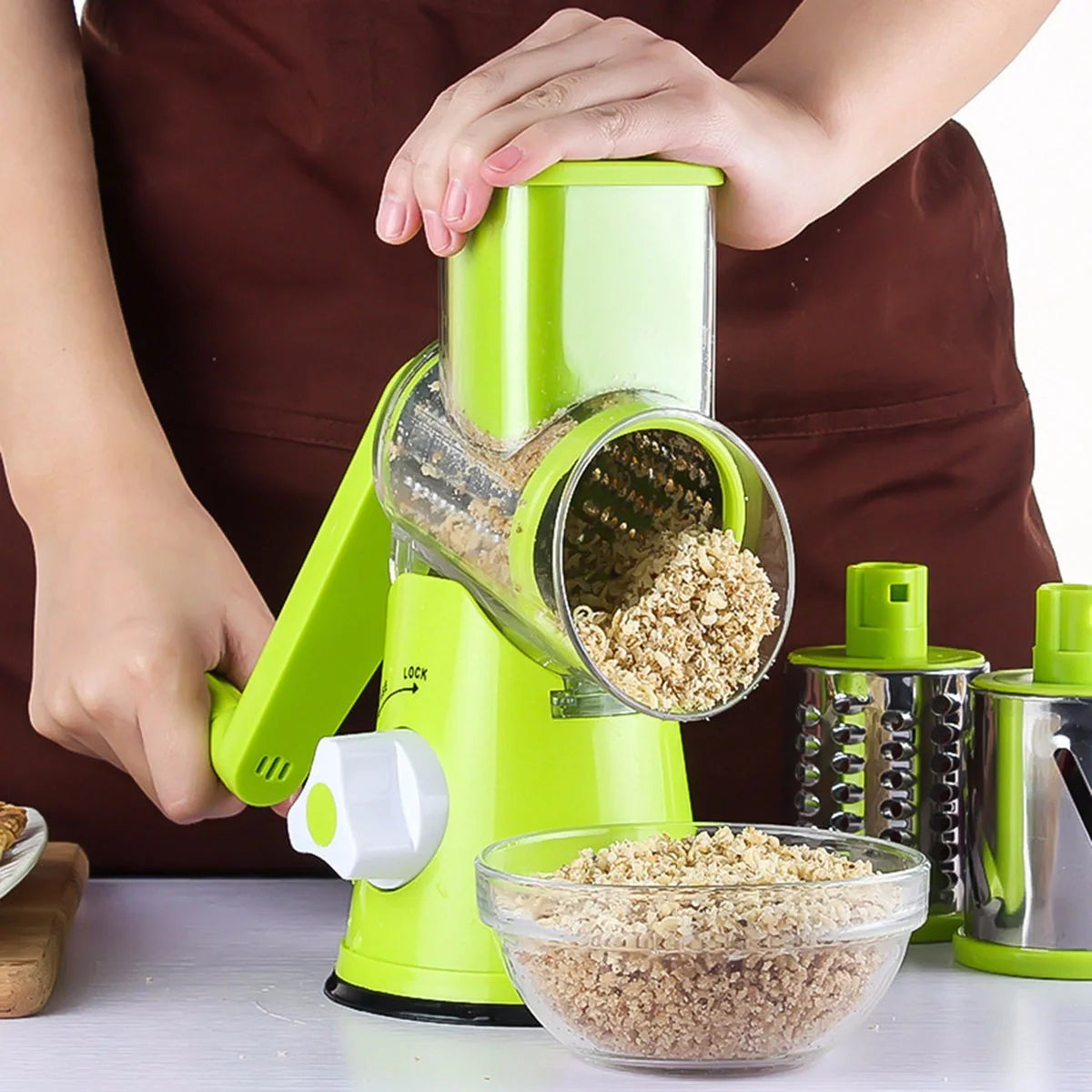 Round mandoline slicer with stainless steel blades for versatile kitchen use