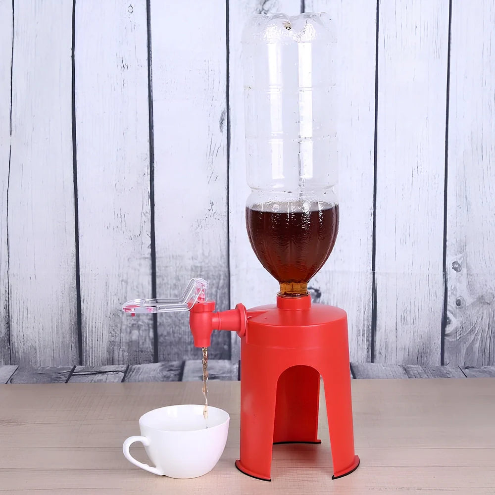 Red automatic soda dispenser gadget attached to beverage bottle for hands-free pouring