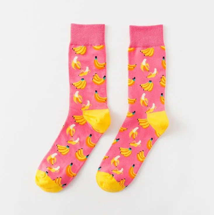 Happy tube socks with fruit banana design, cotton 200-pin knit, EU 39-43, multiple colours