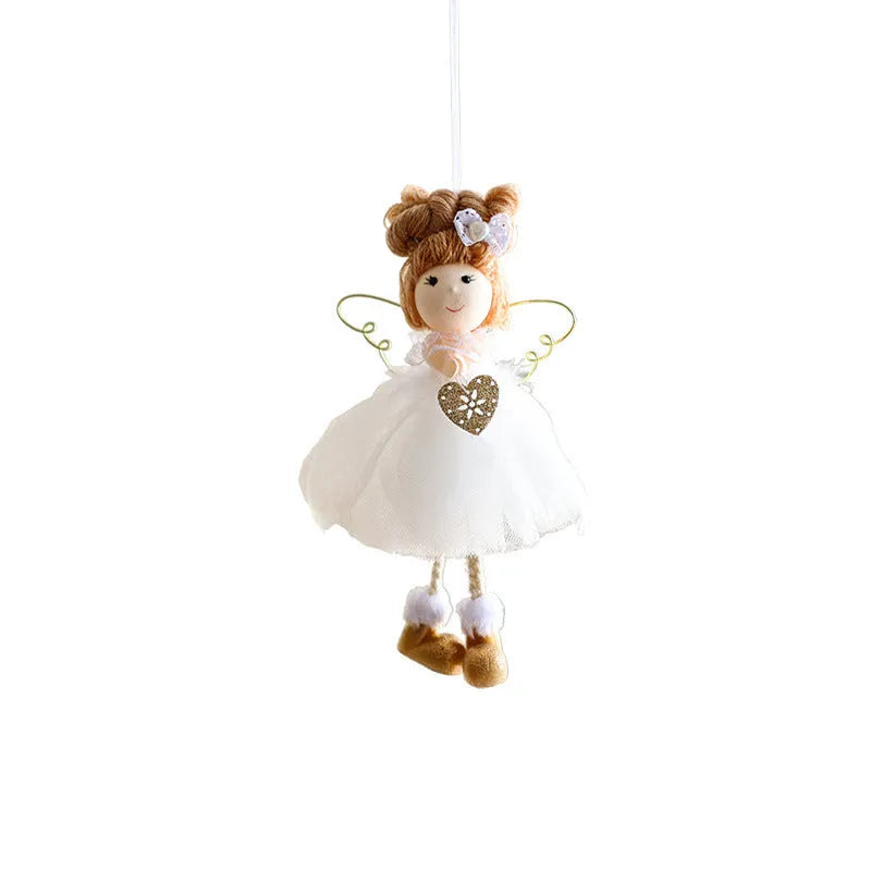 White mesh angel girl Christmas ornament with snowflake detail hanging demonstration