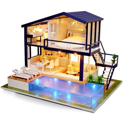 Charming DIY wooden dollhouse with detailed assembly instructions and LED lighting