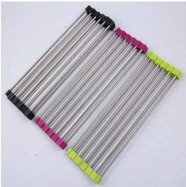 Folding stainless steel kitchen drain rack with coloured plastic tubes, shown open for use.