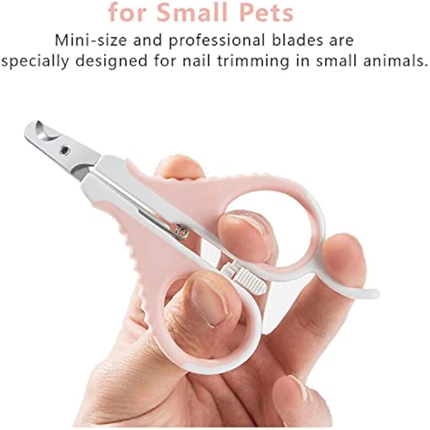 Grey and pink handled cat nail clippers with angled blade and safety lock for small pets