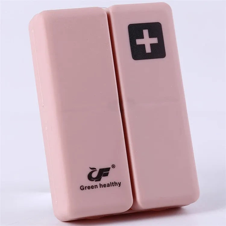 Blue foldable pill box with seven compartments and magnetic closure showing open and closed positions