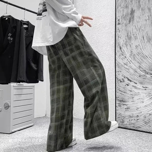Japanese retro plaid trousers in straight-leg design with mid-waist fit