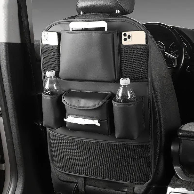Genuine leather car seat back storage bag hanging from a headrest, shown in brown colour.