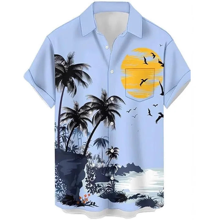 Men's short sleeve casual shirt with slim fit sports style cardigan design, available in black, white, red, orange, dark khaki cloth colour, and watermelon red camouflage pattern in Asian sizes S, M, L, XL, XXL, XXXL, and XXXXL for leisure wear