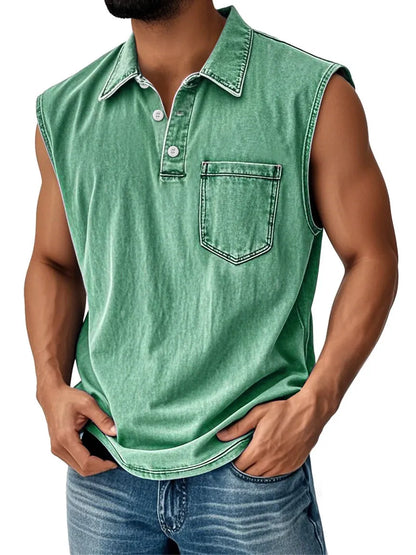 Man wearing a short-sleeve polo shirt with a colourful 3D digital print design on the front.