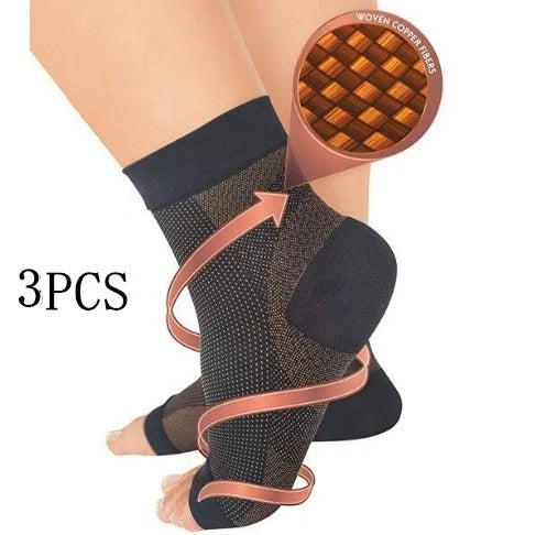 Anti-fatigue compression foot sleeve in black, red, or white, featuring moisture-wicking fabric and a heel hole for breathability.