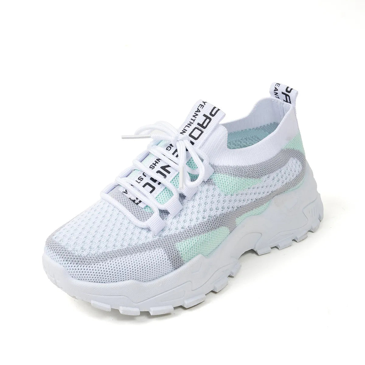 Women's Flyknit mesh lace-up sneaker in a grey colourway showing round toe and rubber sole.