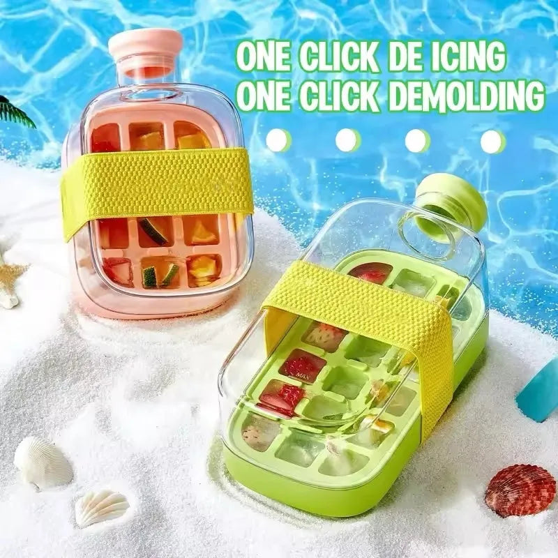 Portable instant ice maker cup in green colour with straw, showing one-click molding mechanism.
