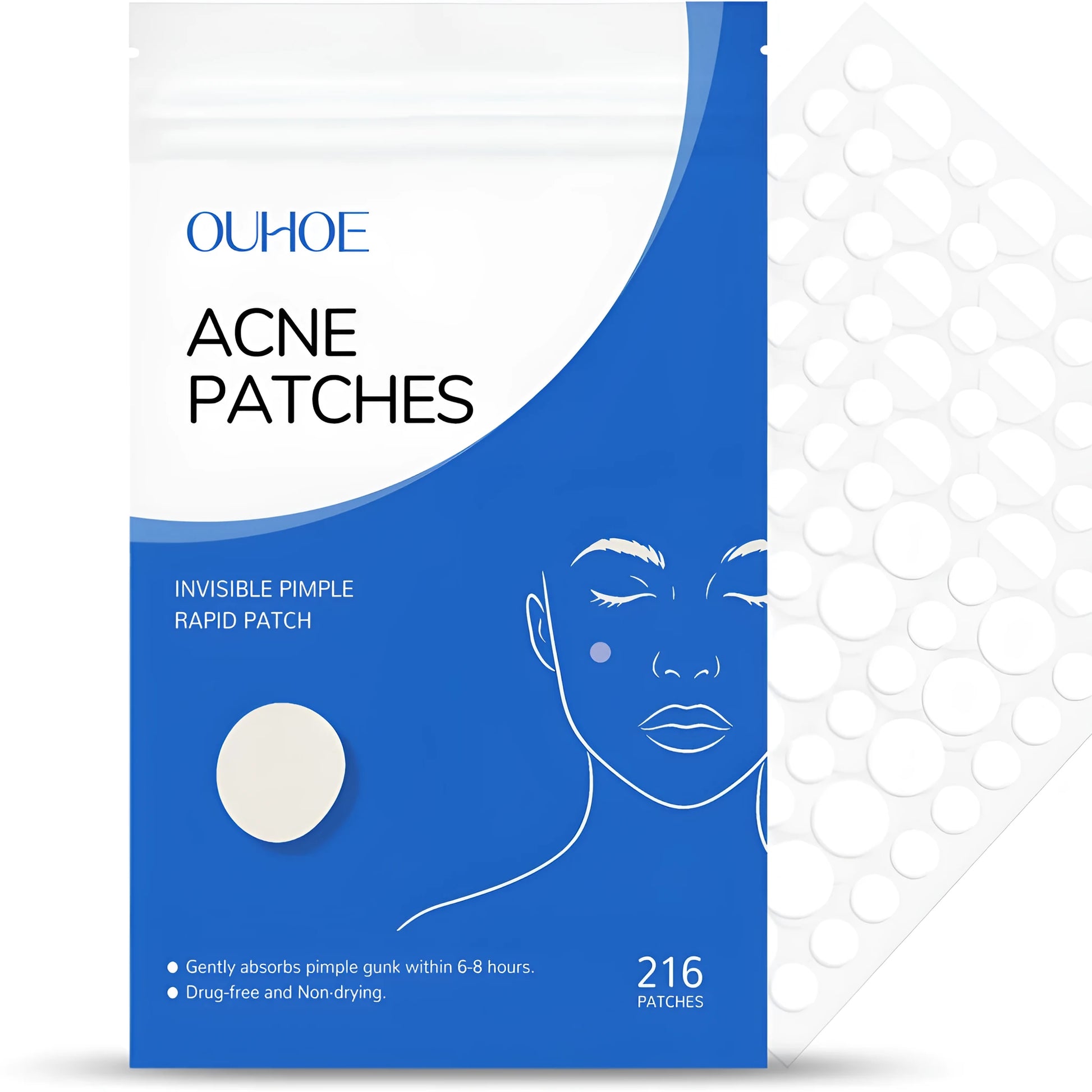 Pack of 216 hydrocolloid acne patches containing tea tree oil and vitamin E for blemish treatment.