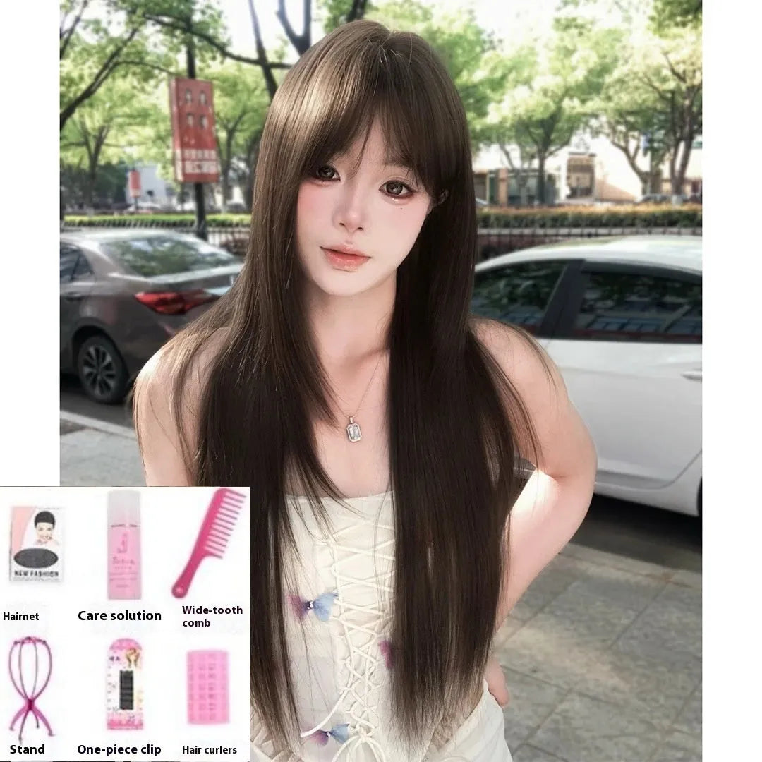 Black-brown high-temperature fibre women's wig with wig stand and styling accessories
