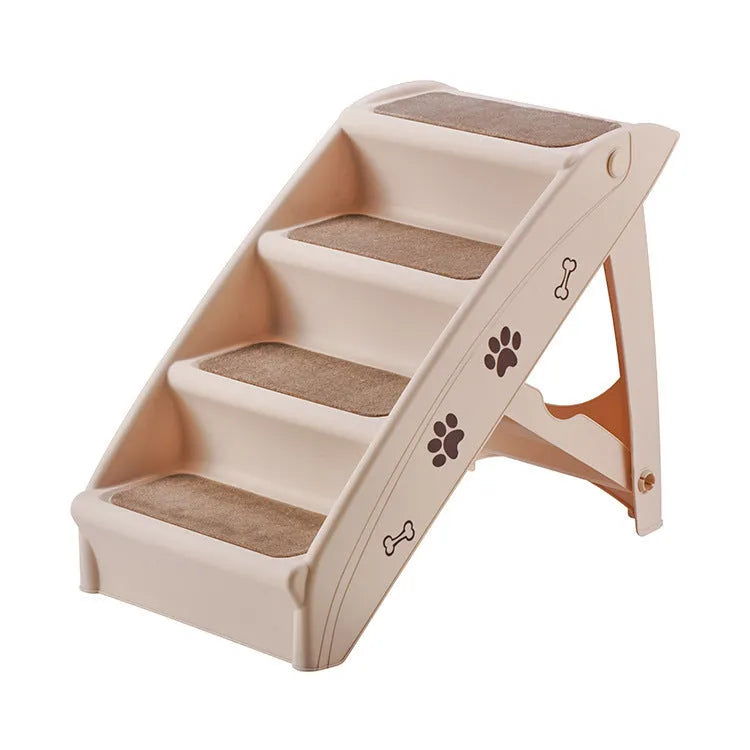 Foldable plastic pet stairs with three thickened steps and non-slip mats in a beige colour.