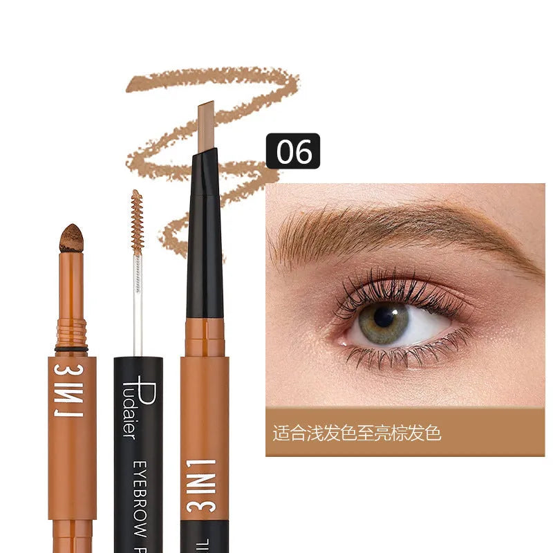 A double-headed waterproof eyebrow pencil with pencil and powder, shown in one of six colour styles.