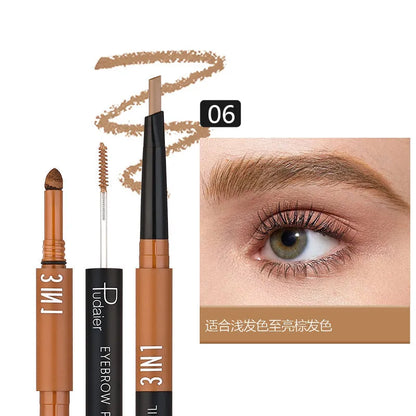 A double-headed waterproof eyebrow pencil with pencil and powder, shown in one of six colour styles.