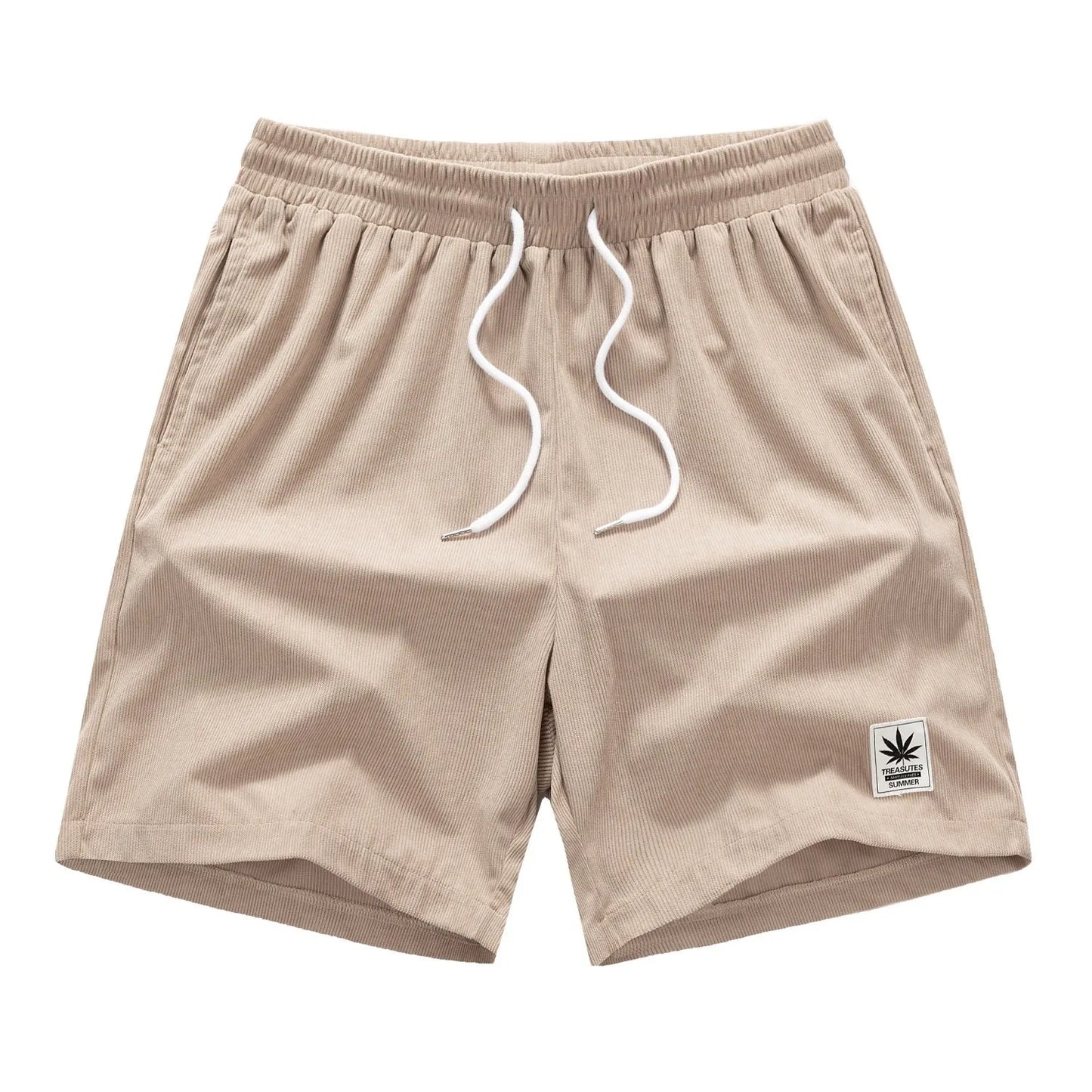Men's straight-cut drawstring shorts in blue, shown on a model for summer casual wear.
