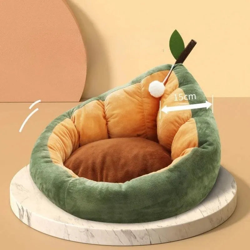 Cotton-filled cat bed house kennel in coffee or green colour showing three size options