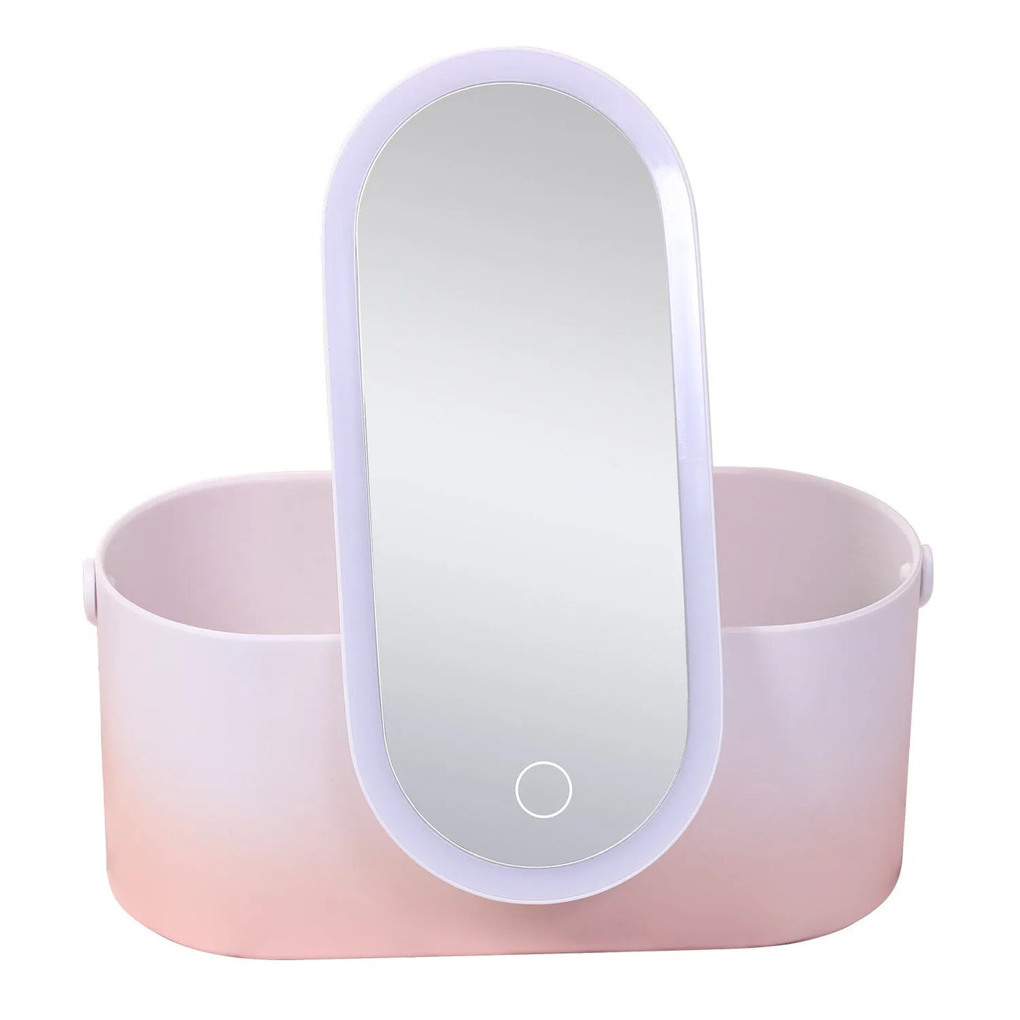 Pink gradient makeup storage box with LED mirror open, showing internal compartments and USB charging port.