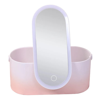 Pink gradient makeup storage box with LED mirror open, showing internal compartments and USB charging port.