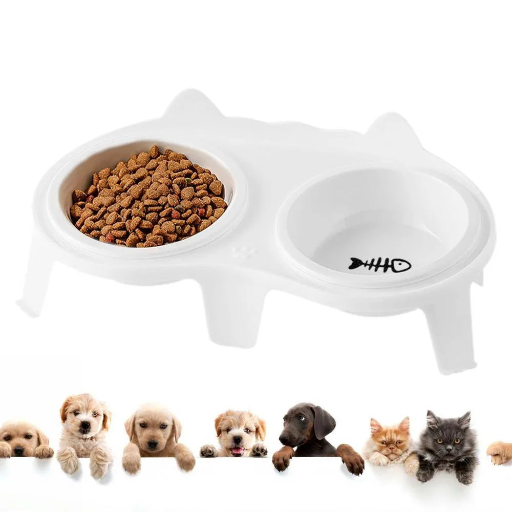 Ceramic cat food and water bowl set in elevated tilted stand, shown in blue, pink, white, and yellow colour options.