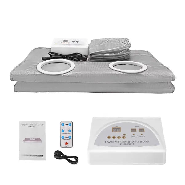 650W electric sauna blanket in grey, pink, or purple, with remote control, sleeves, and power cord.
