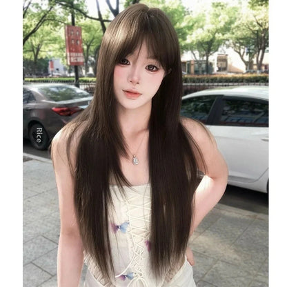 Brown-black high-temperature fibre wig with seven-piece volume-enhancing construction and wear-free hair net