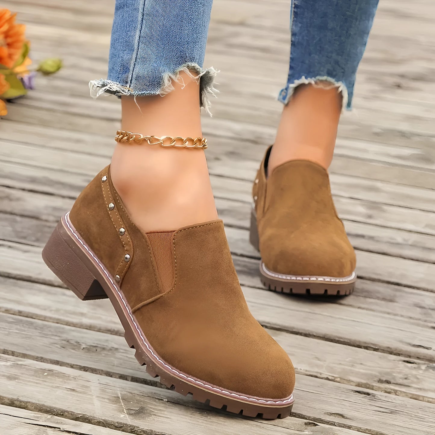 Light brown plus size women's suede ankle boot with low thick heel and elastic band detail.