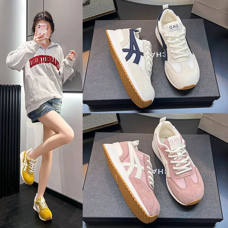 Women's white lace-up casual sneakers with round toe and non-slip sole