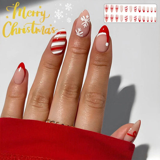 24pcs Christmas false nails with hat striped snowflake design for festive holiday wear