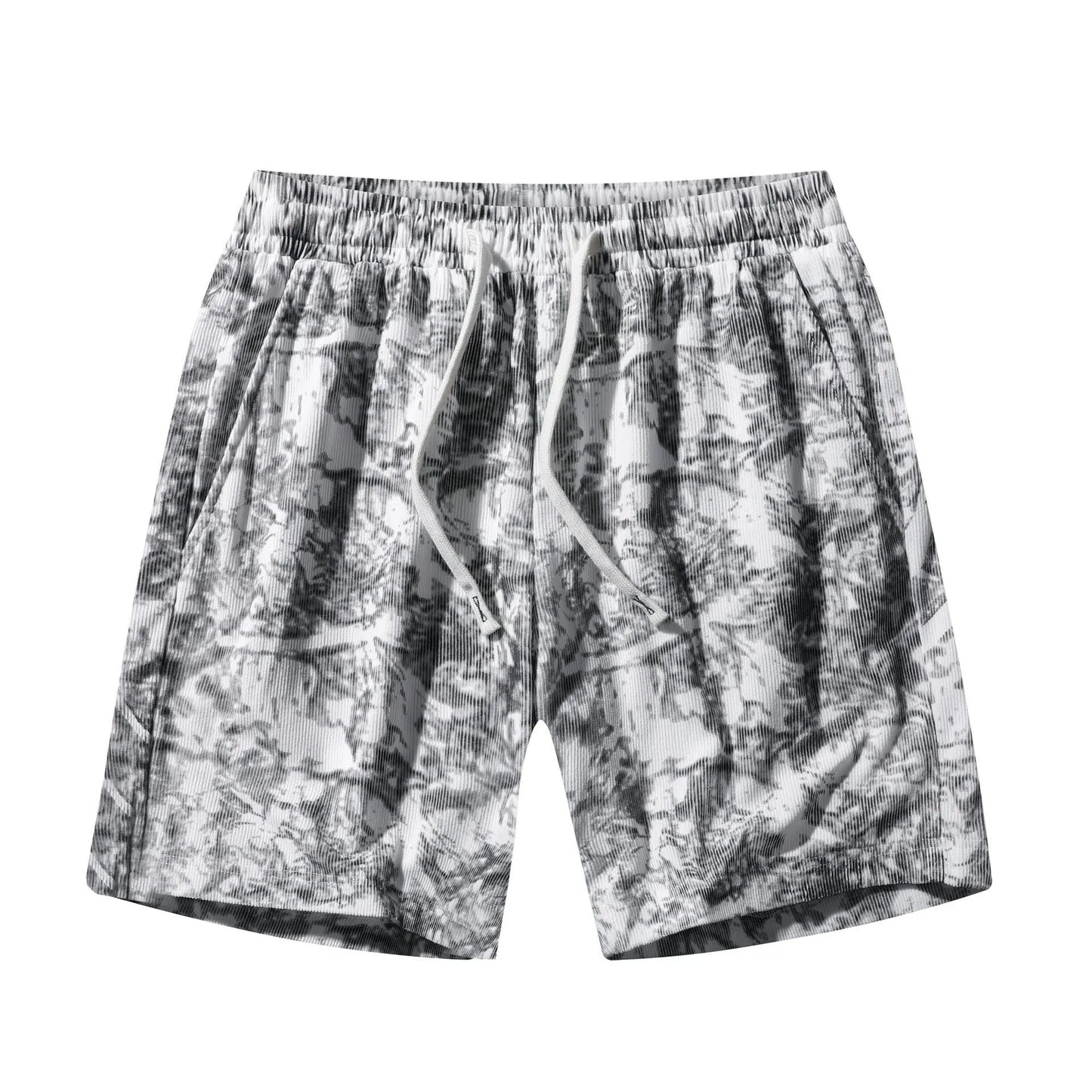 Men's corduroy camouflage athletic shorts in grey with a high-waist and straight-leg design.