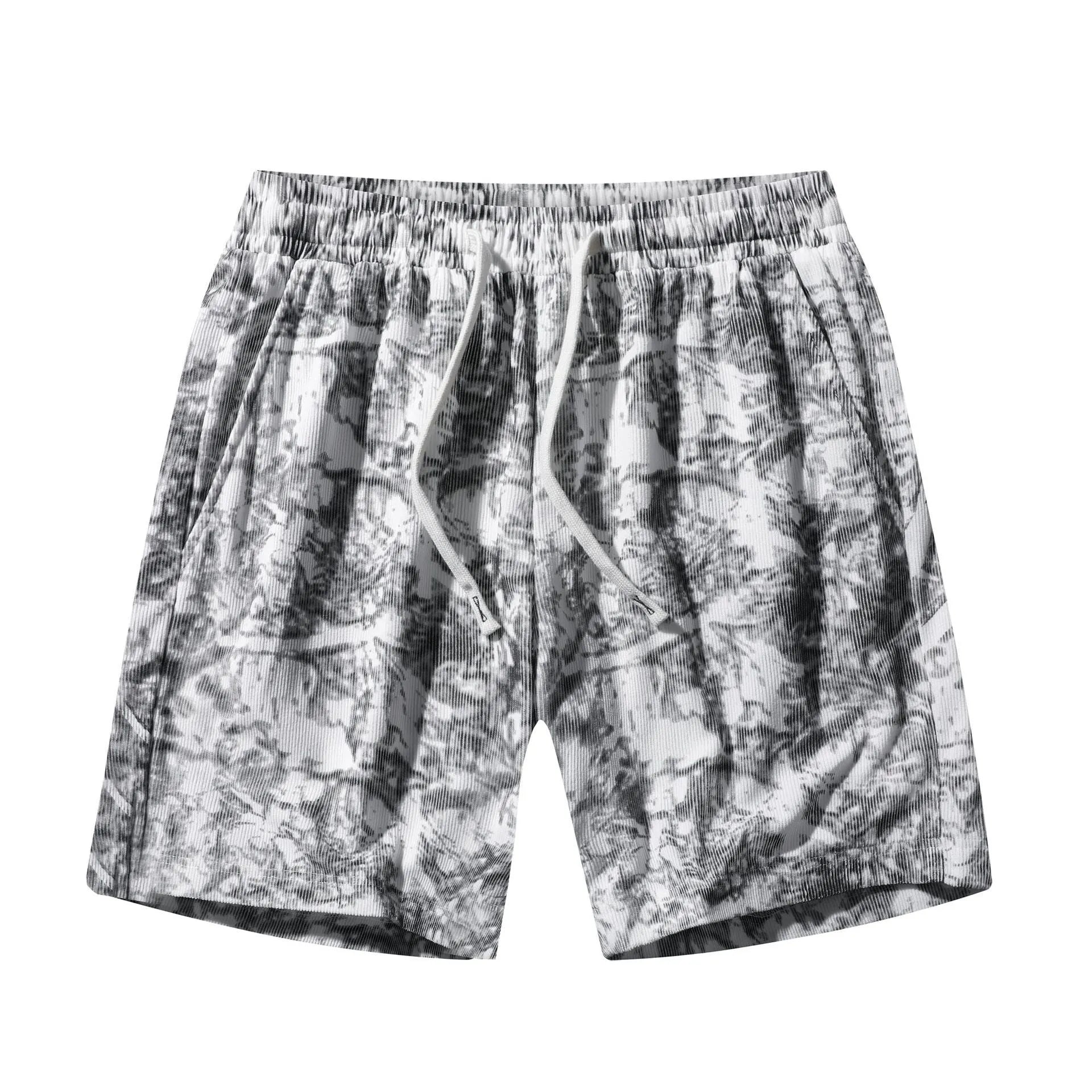 Men's corduroy camouflage athletic shorts in grey with a high-waist and straight-leg design.
