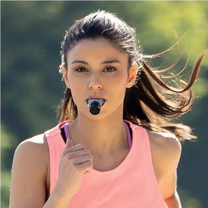 White and black adjustable resistance breathing trainer with silicone mouthpiece