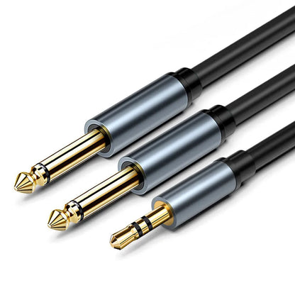 3.5mm to 6.5mm male-male audio cable with pure copper wire in black.