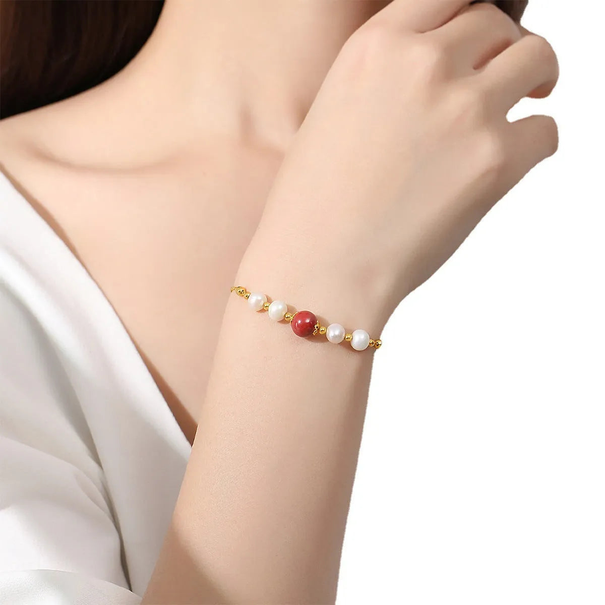 Yellow retro bracelet with red bean pearls and cinnabar on 925 silver with free size adjustment