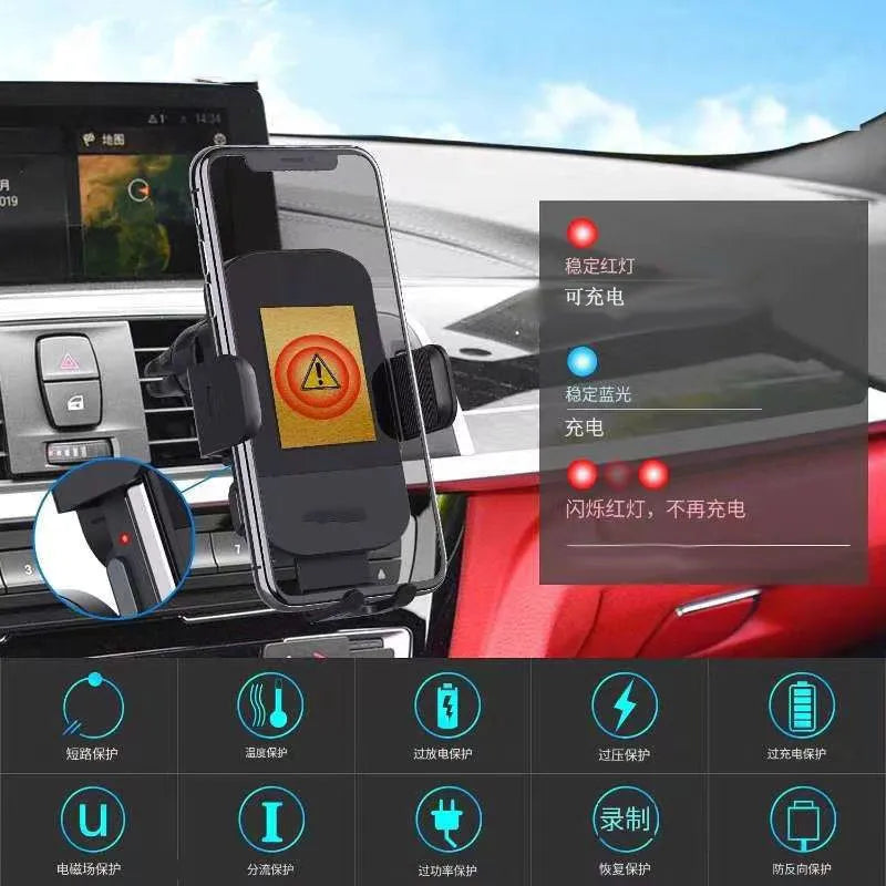 Black bare metal car wireless charging stand with 15W fast charging, shown with air vent clip and dashboard tripod.