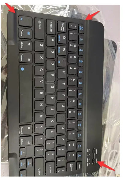 Black or white mini Bluetooth wireless keyboard shown in 7-inch, 9-inch, and 10-inch compact sizes.