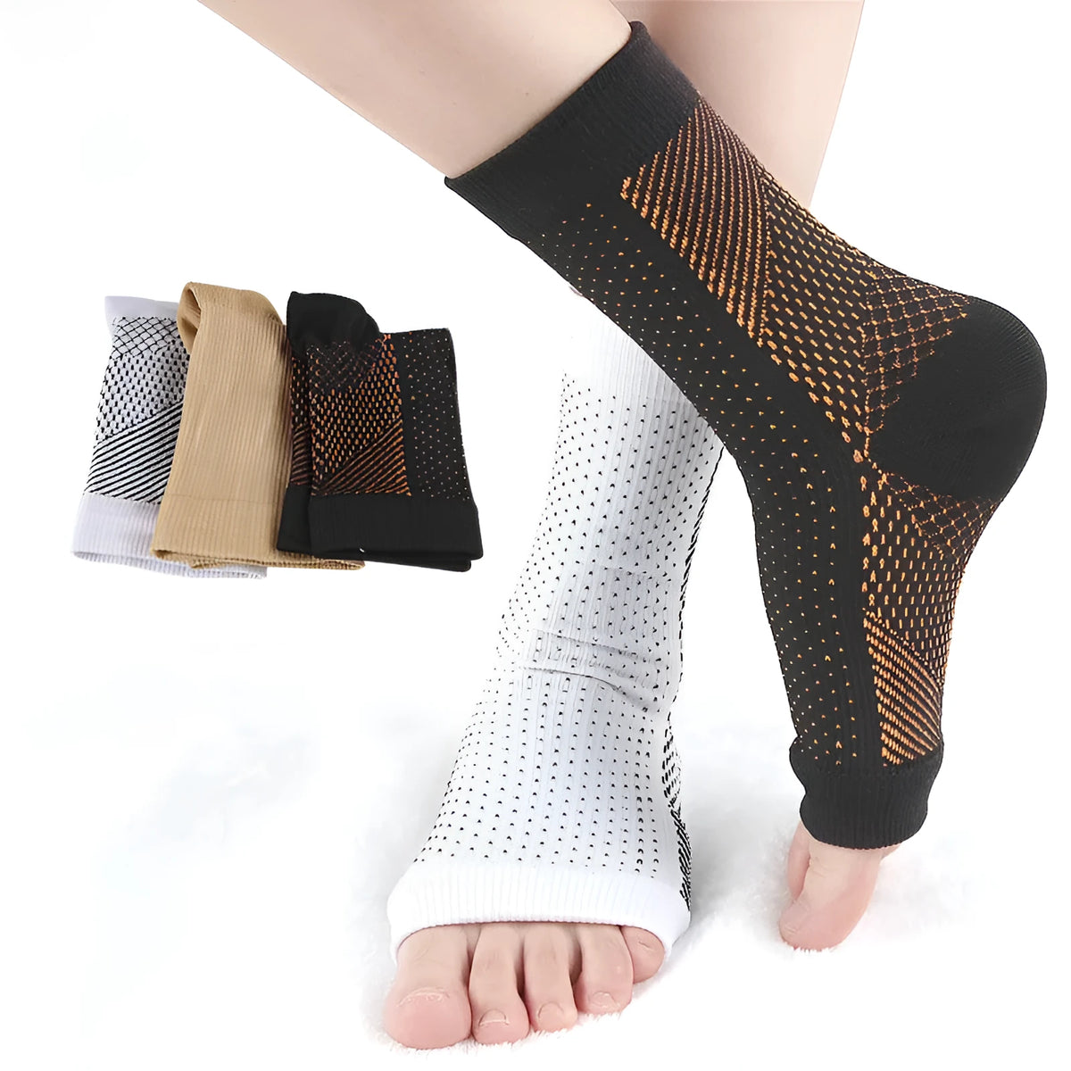 Korean-style sports compression socks in black, white, skin colour, and copper colours with short tube design
