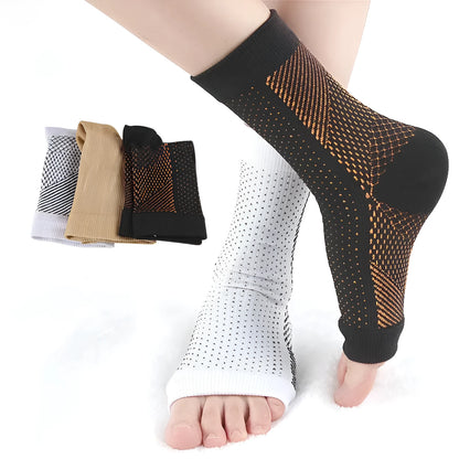 Korean-style sports compression socks in black, white, skin colour, and copper colours with short tube design