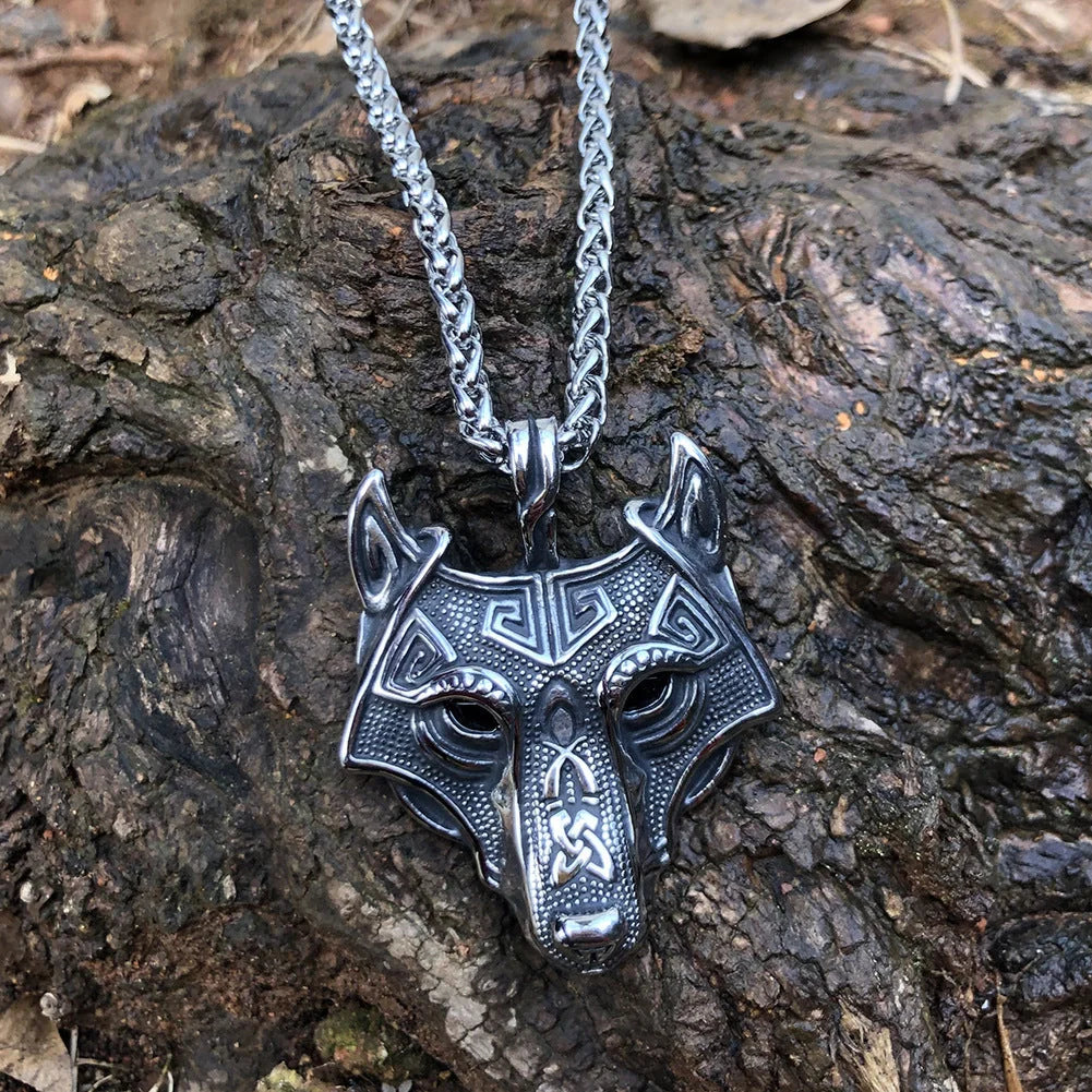 Norse Grey Wolf Head Titanium Steel Pendant Chain in silver and gold options